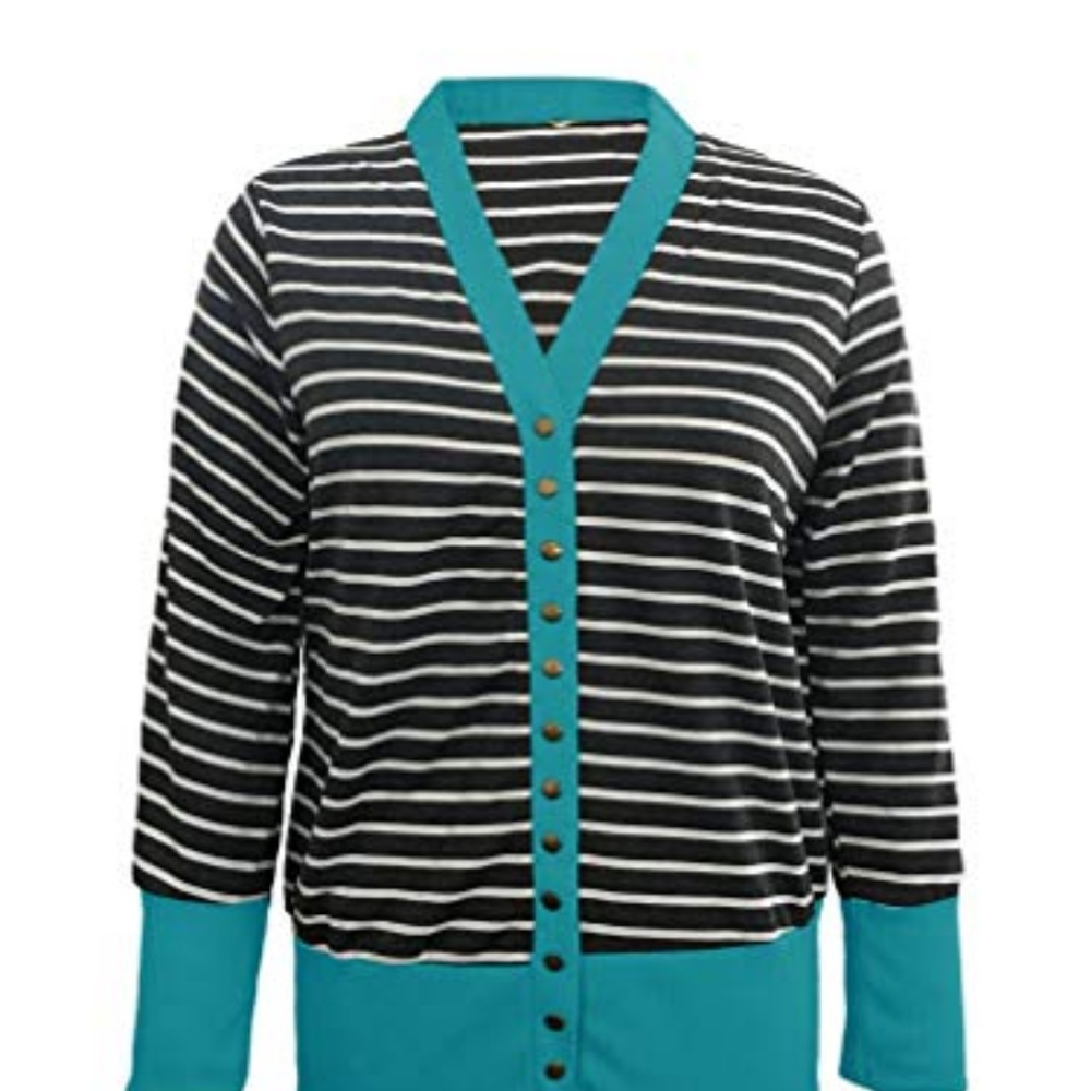 Teal Long Sleeve Button Up Striped Cardigan - Picture 3 of 5